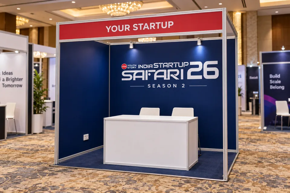 Concept render: a 3×3 m exhibition pod with your startup name on the fascia